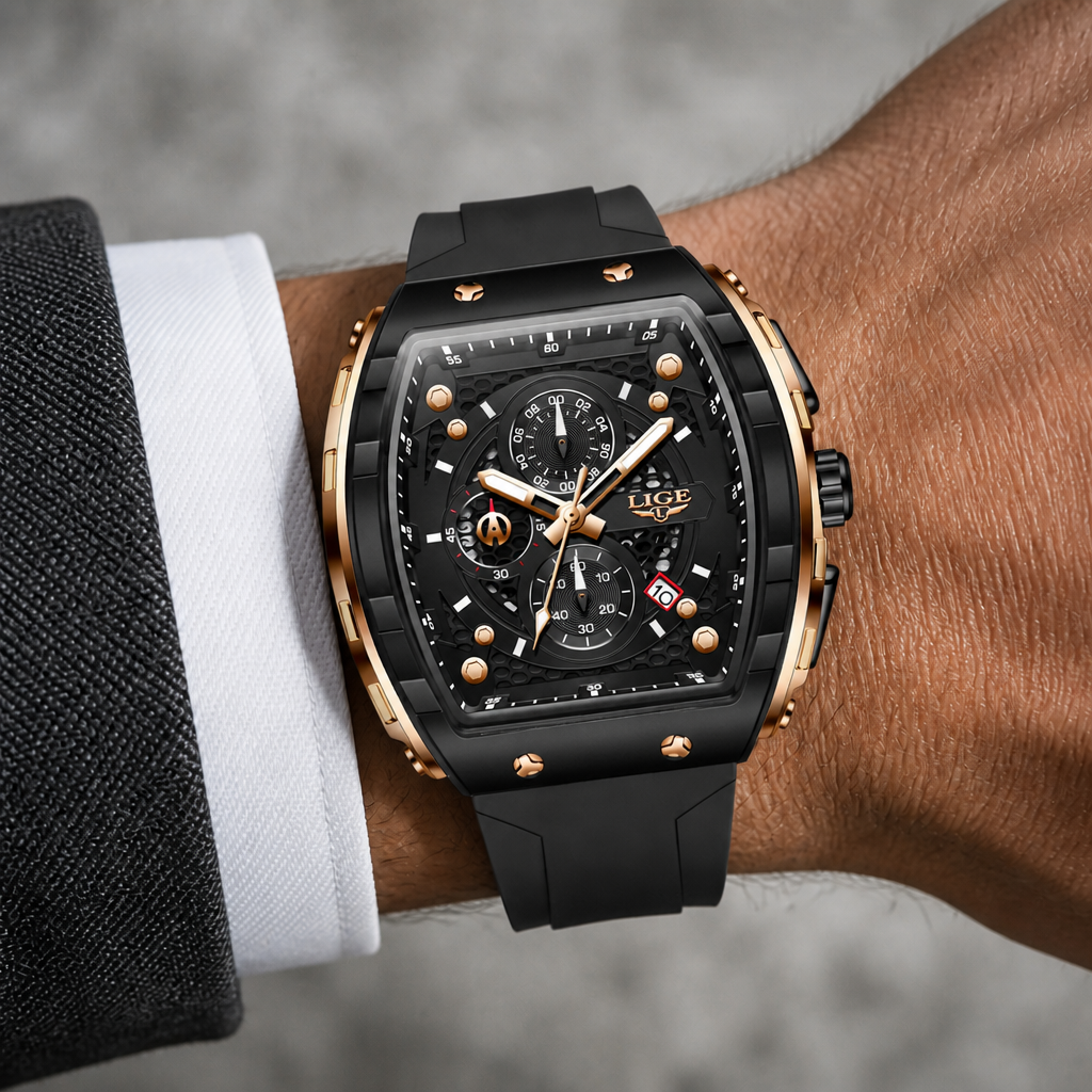 Montre tonneau noire et or rose portée au poignet sous une manche