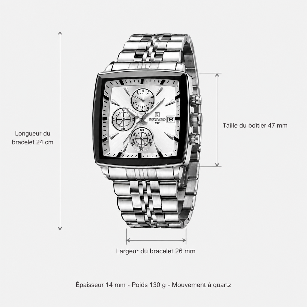 Schéma coté de la montre carrée homme : taille du boîtier, largeur et longueur du bracelet