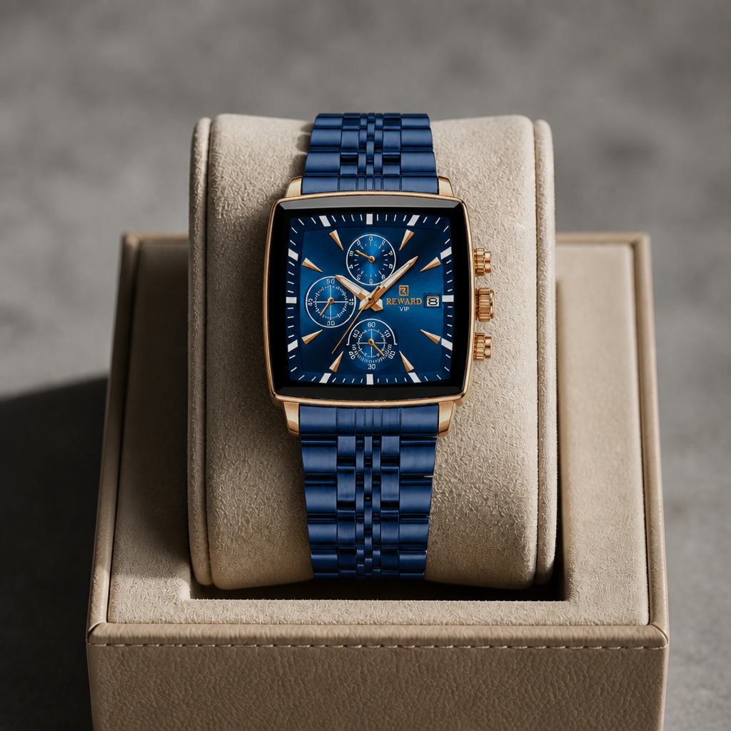 Montre carrée homme bleu nuit posée dans son écrin en cuir beige