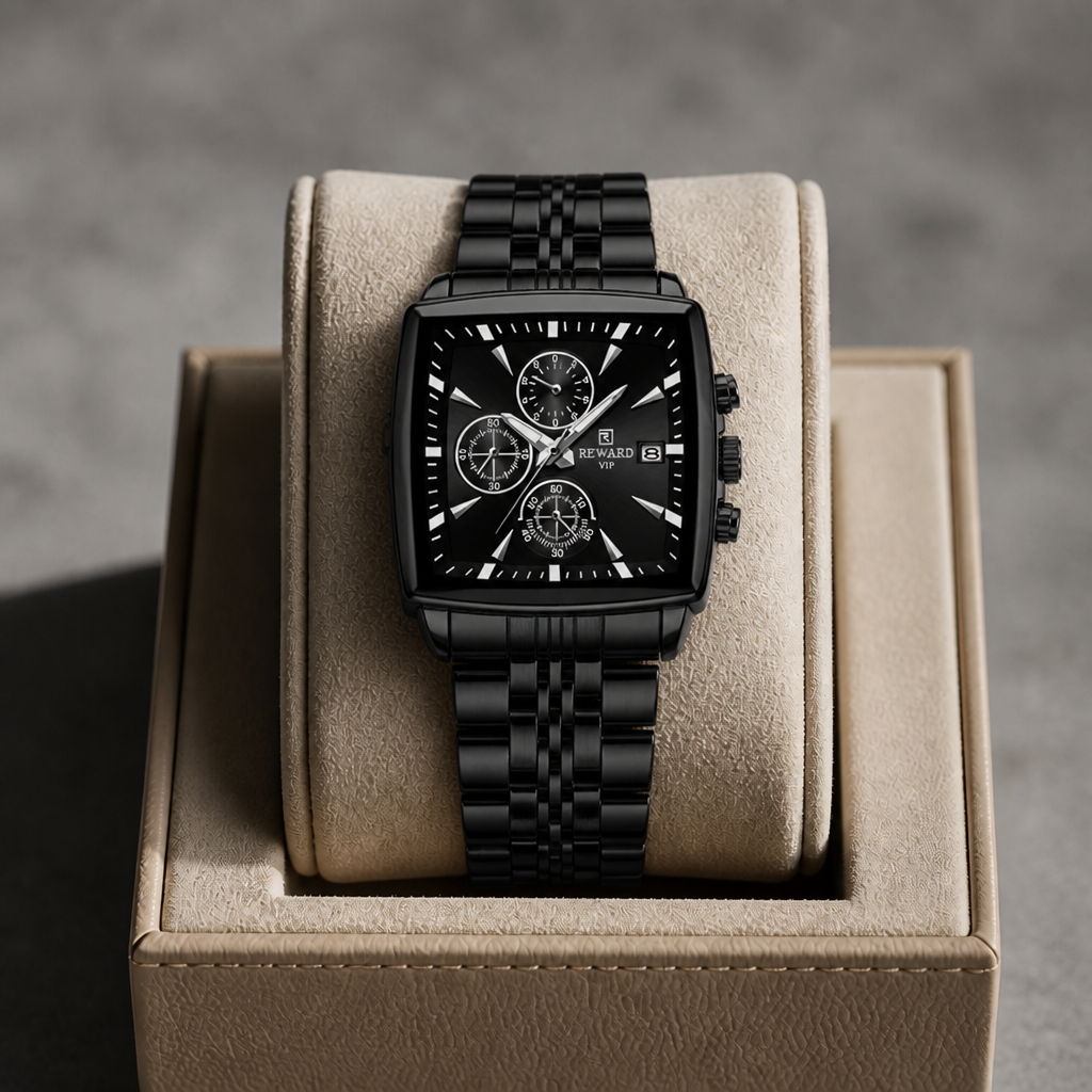 Montre carrée homme tout noir posée dans son écrin en cuir beige