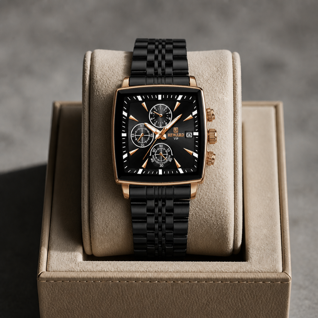 Montre carrée homme noire et or rose posée dans son écrin en cuir beige