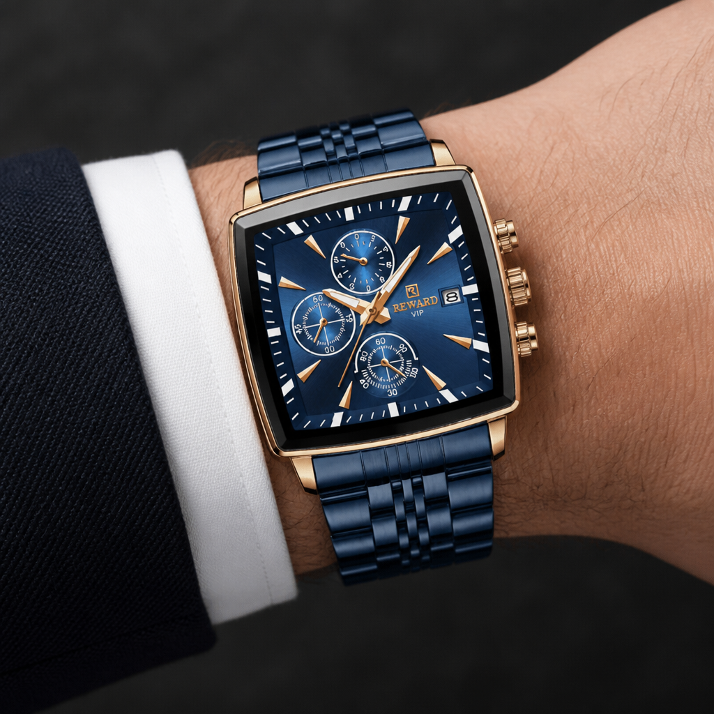Montre carrée homme chronographe bleu nuit et or rose portée au poignet sous une manchette de chemise