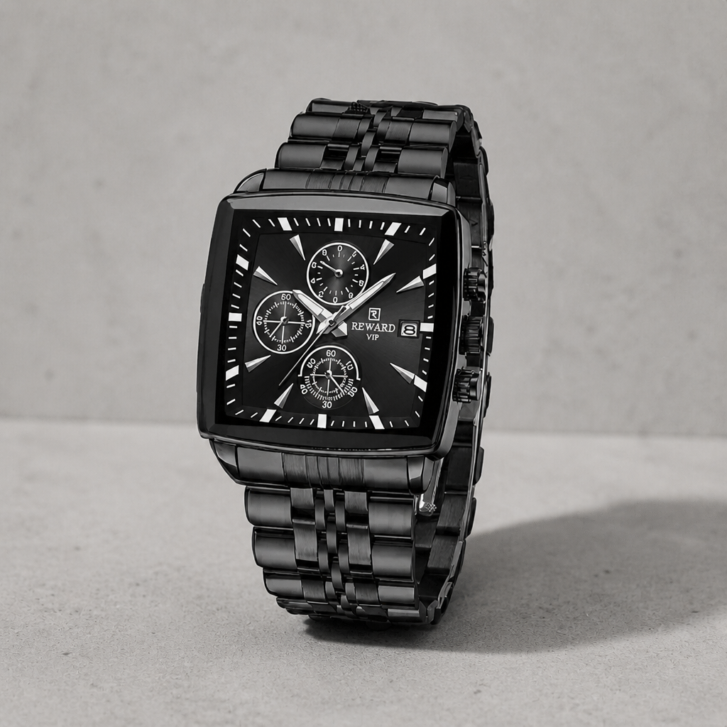 Montre carrée homme chronographe tout noir sur dalle de béton