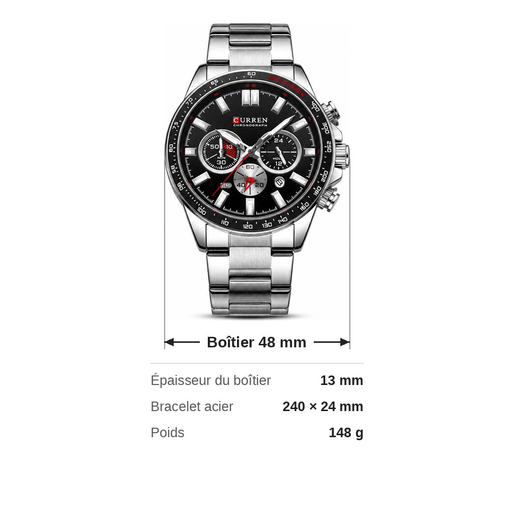 Planche de cotes de la montre chronographe homme acier : boîtier 48 mm, épaisseur 13 mm, bracelet 240 x 24 mm, 148 g