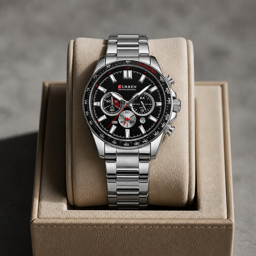 Montre chronographe homme acier argent et noir dans son écrin La Boutique Des Hommes