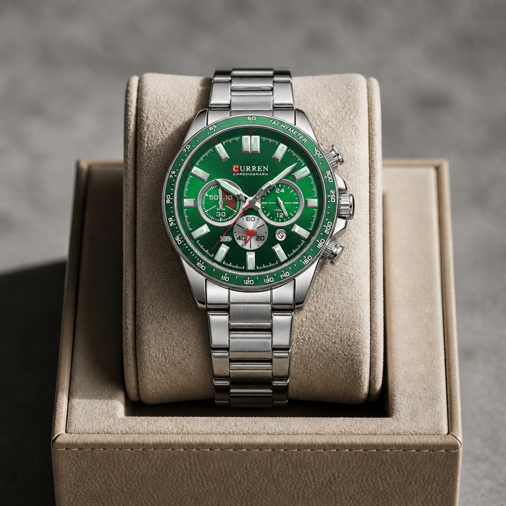 Montre chronographe homme acier argent et vert dans son écrin La Boutique Des Hommes