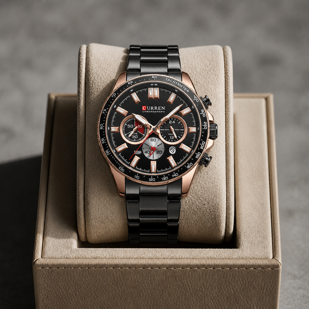 Montre chronographe homme acier noire dans son écrin La Boutique Des Hommes