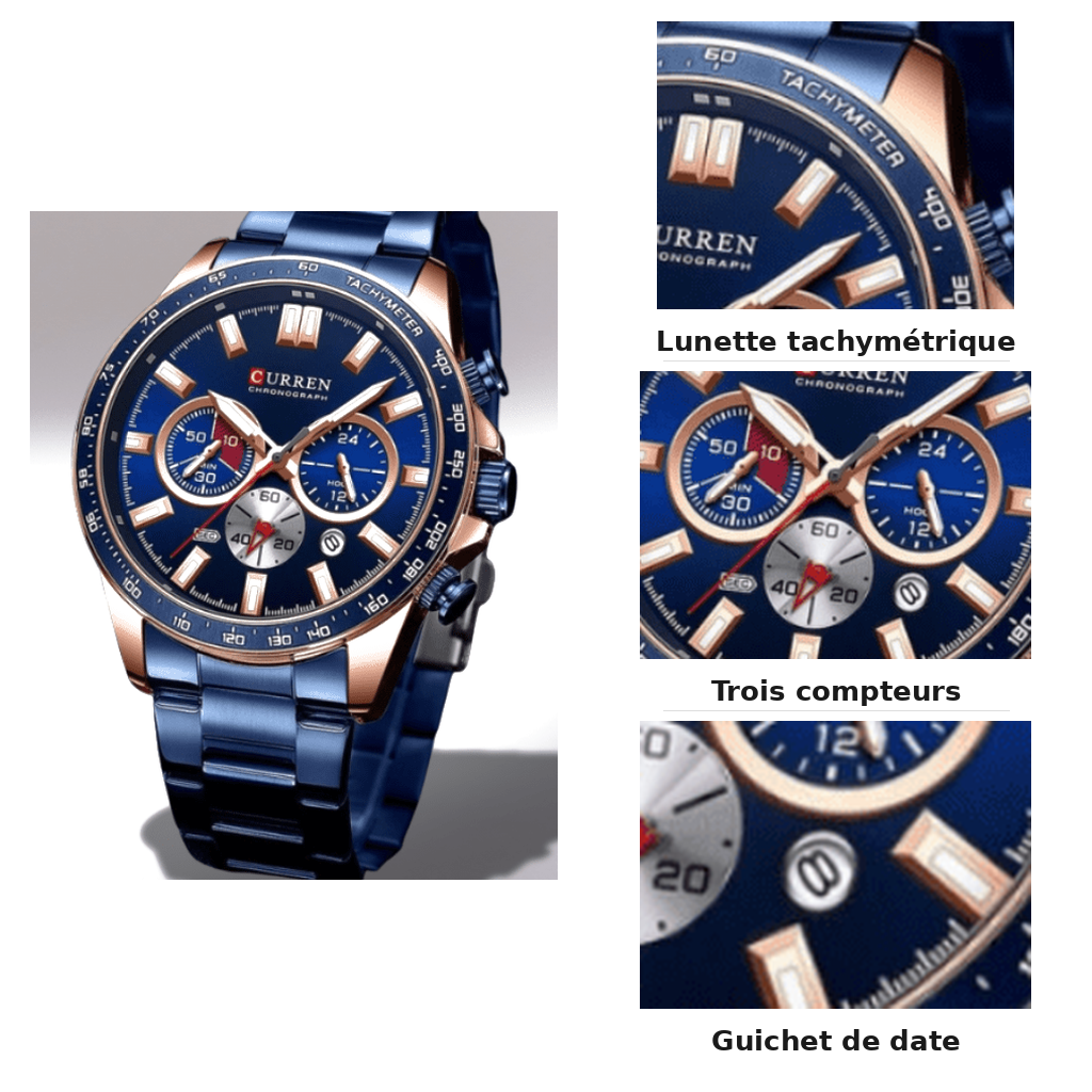 Lunette tachymétrique gravée, trois compteurs et guichet de date de la montre chronographe homme acier