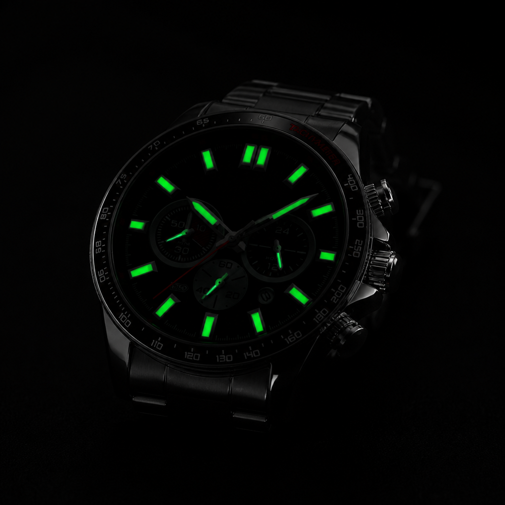Index, aiguilles et compteurs de la montre chronographe homme acier allumés en vert dans le noir