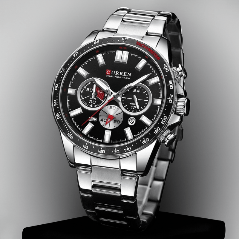 Montre chronographe homme acier, boîtier argent et cadran noir