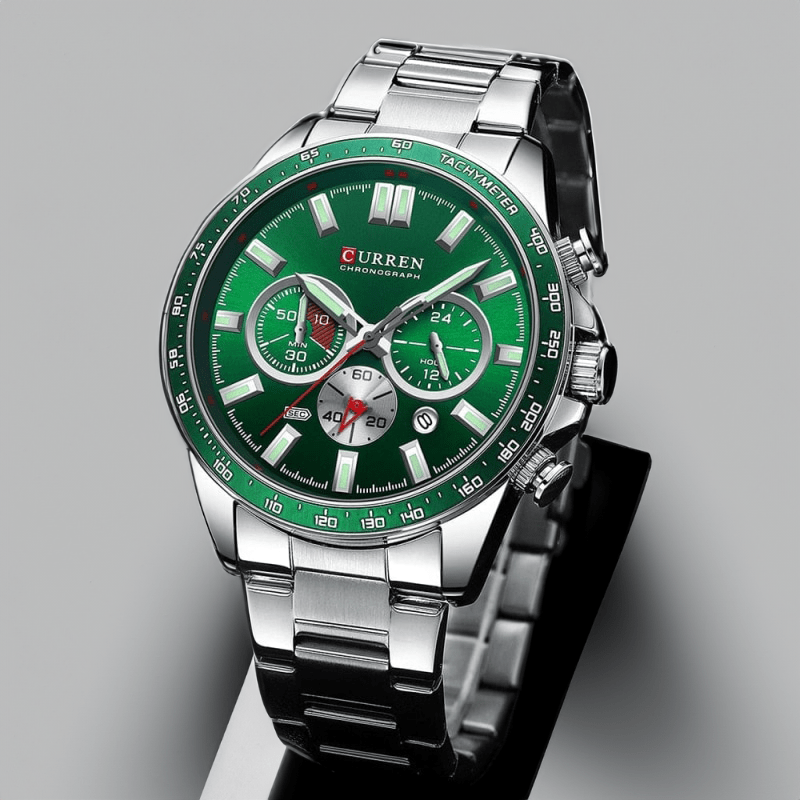 Montre chronographe homme acier, boîtier argent et cadran vert
