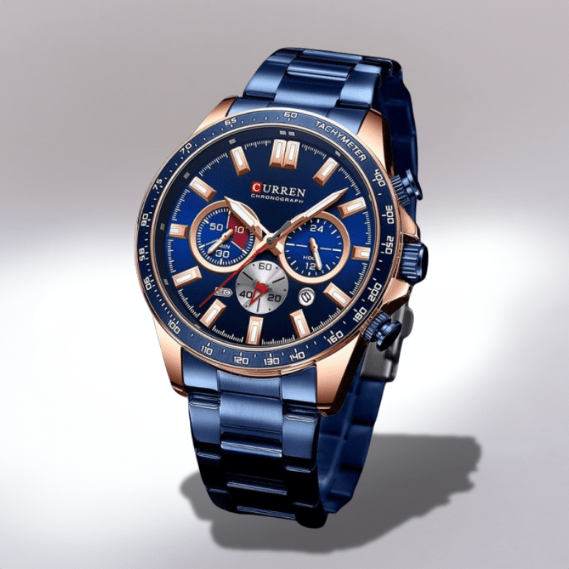 Montre chronographe homme acier à cadran bleu, lunette tachymétrique or rose