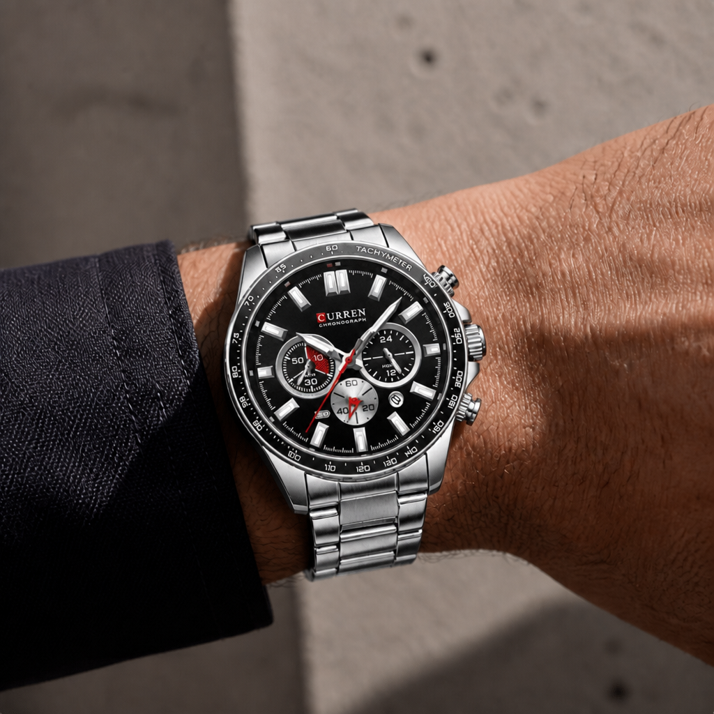 Montre chronographe homme acier argent à cadran noir portée au poignet