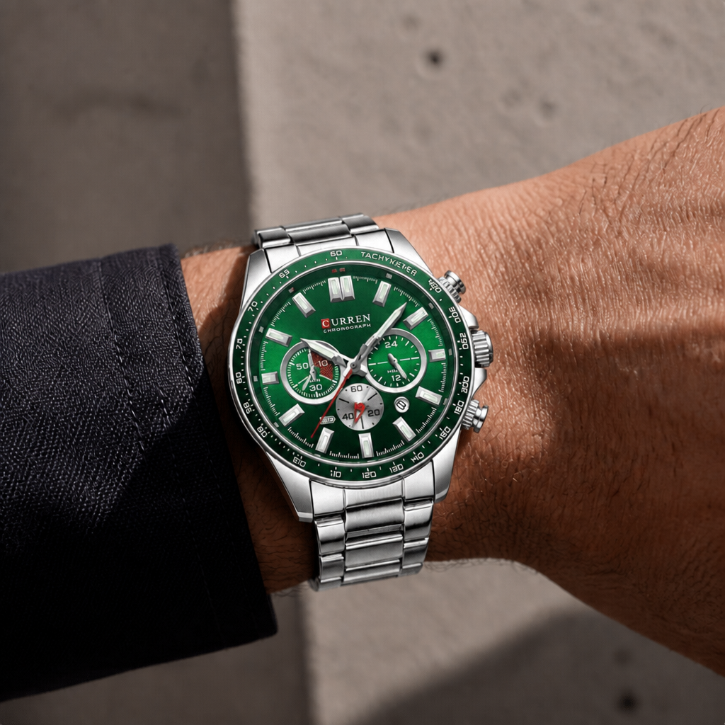 Montre chronographe homme acier argent à cadran vert portée au poignet