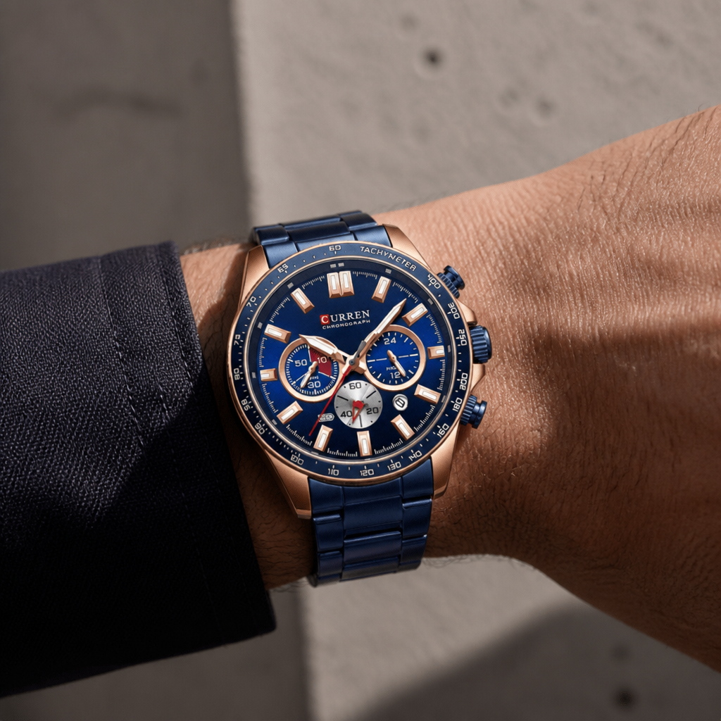 Montre chronographe homme acier à cadran bleu portée au poignet