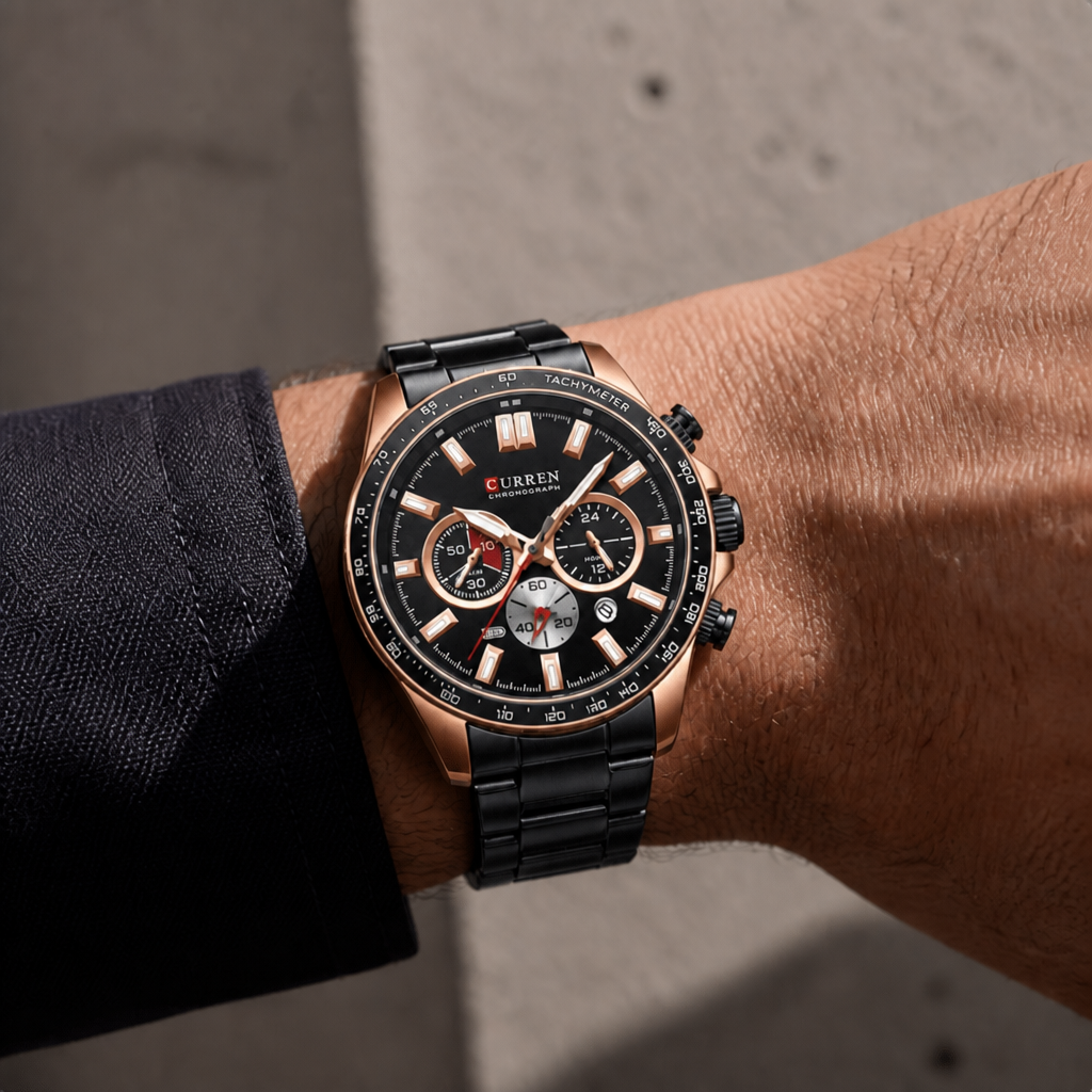 Montre chronographe homme acier à cadran noir portée au poignet