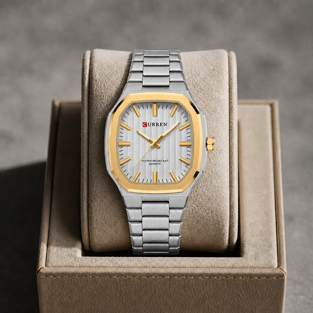 Montre carrée à cadran blanc et lunette dorée présentée dans un écrin en cuir beige