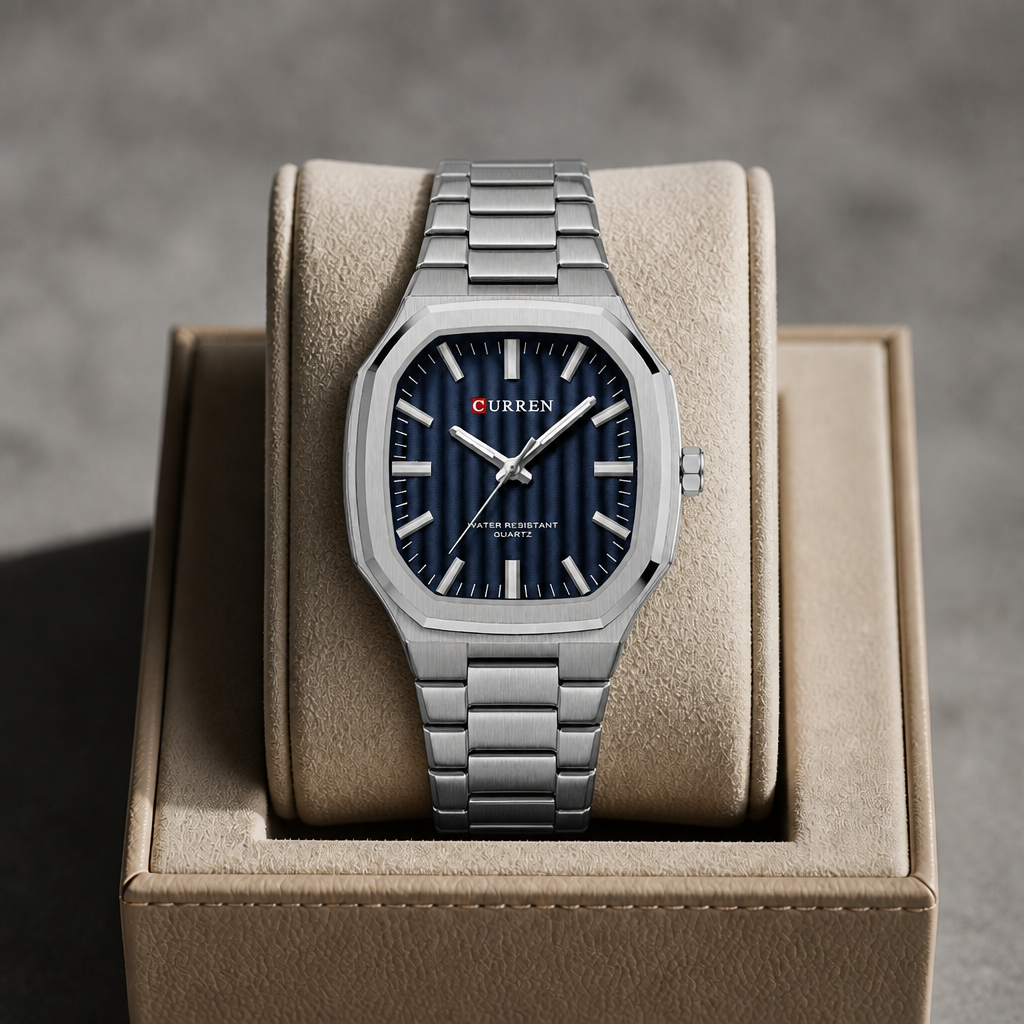 Montre carrée à cadran bleu présentée dans un écrin en cuir beige