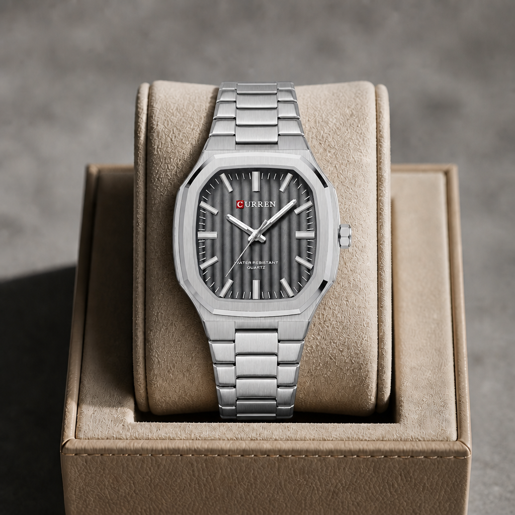 Montre carrée à cadran gris anthracite présentée dans un écrin en cuir beige