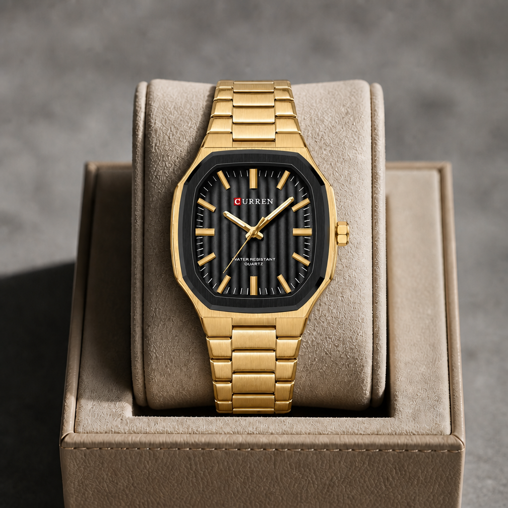 Montre carrée dorée à cadran noir présentée dans un écrin en cuir beige