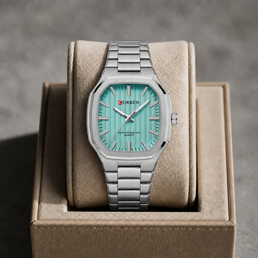 Montre carrée à cadran vert d'eau présentée dans un écrin en cuir beige