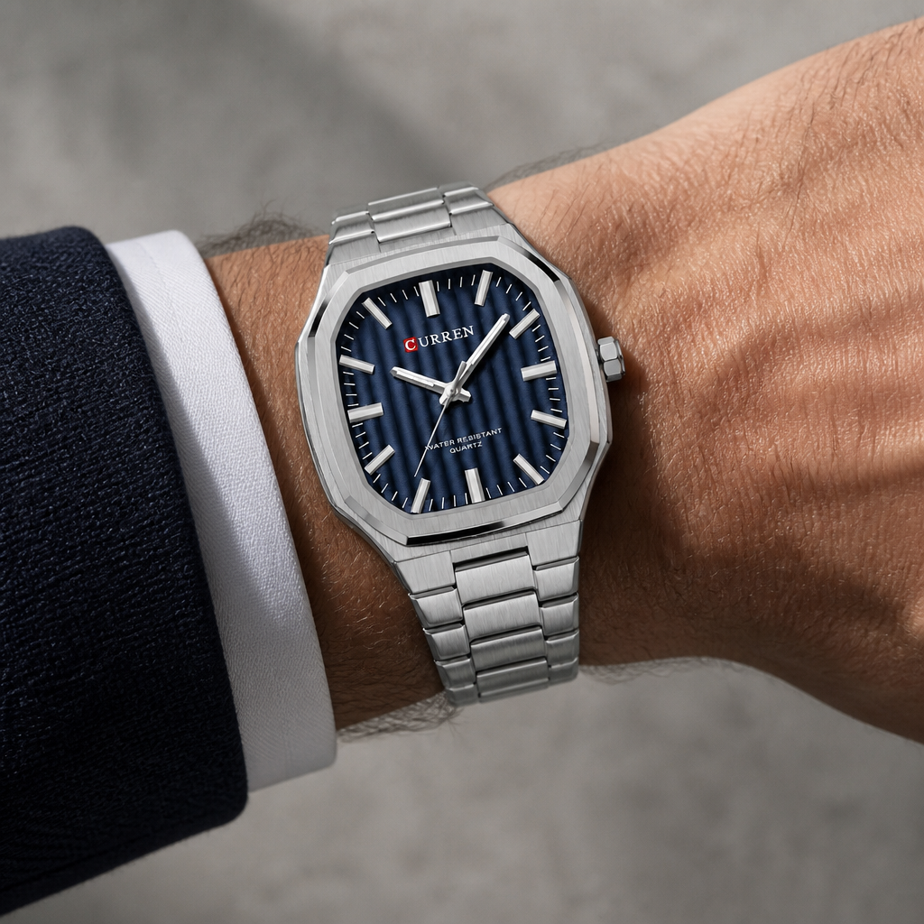 Montre classique homme carrée portée au poignet, cadran bleu cannelé et bracelet acier