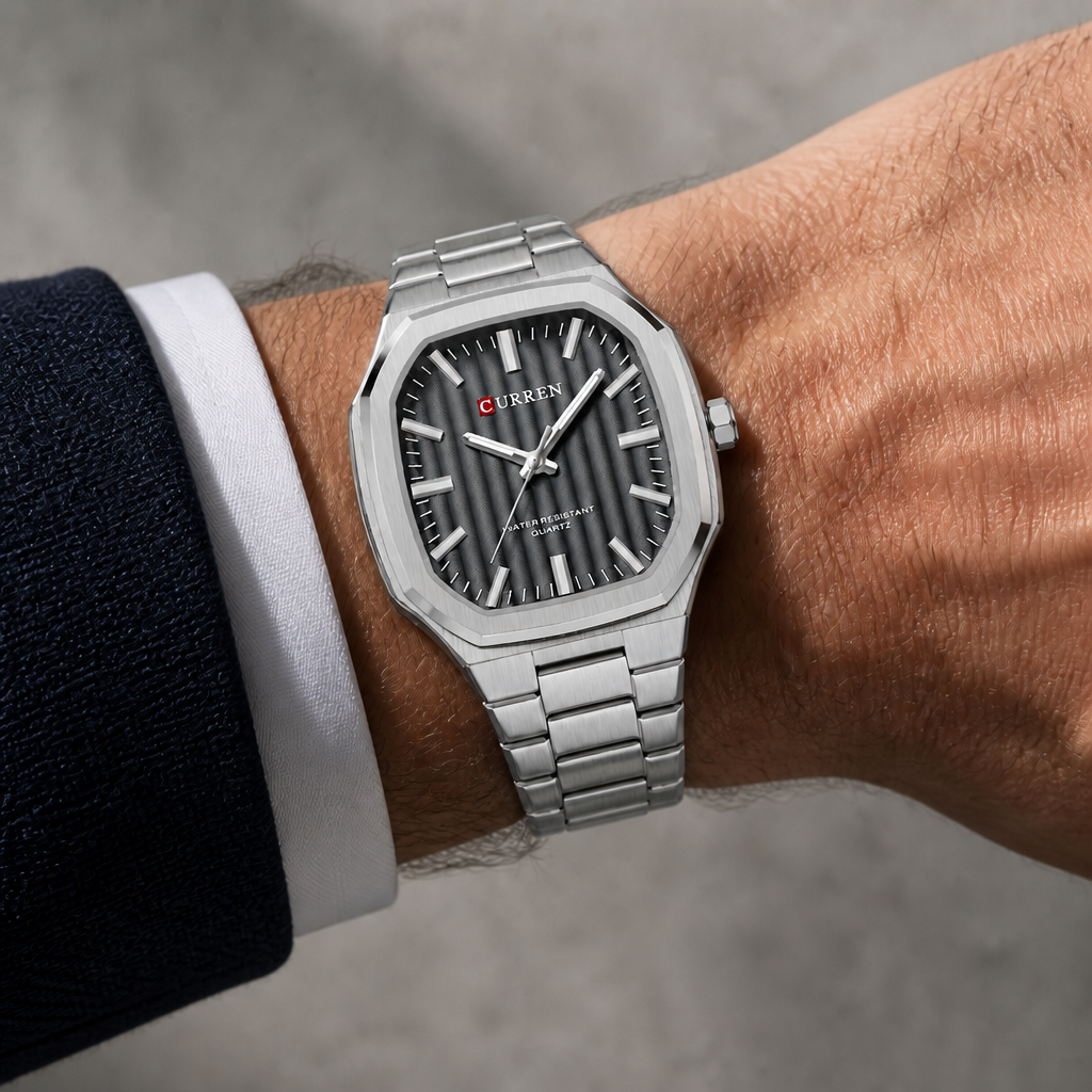 Montre carrée à cadran gris anthracite portée au poignet sous une manchette de chemise