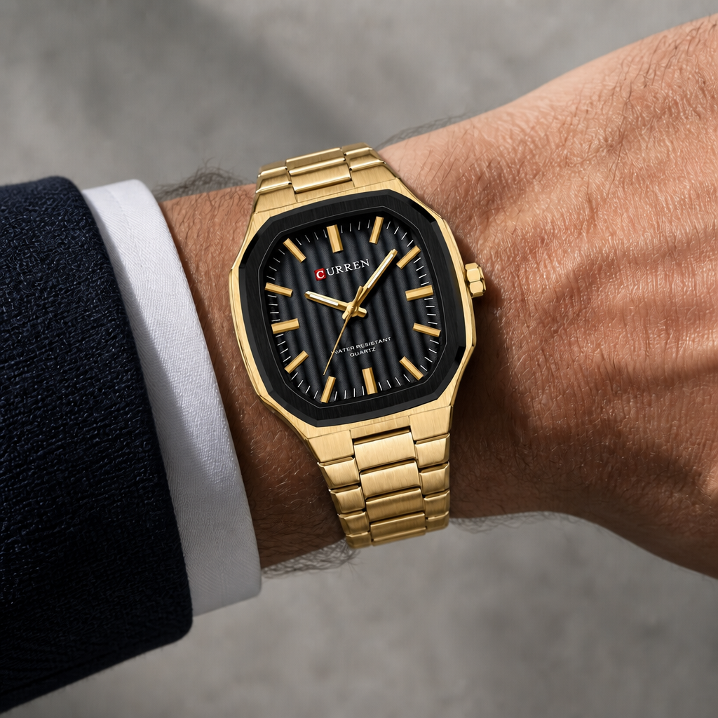 Montre carrée dorée à cadran noir portée au poignet sous une manchette de chemise