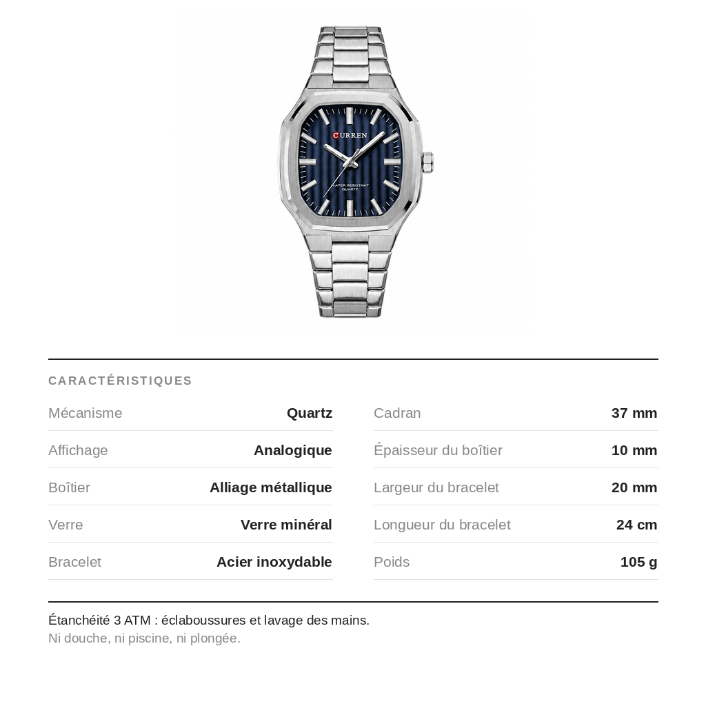 Caractéristiques de la montre carrée : quartz, analogique, alliage, verre minéral, acier inoxydable