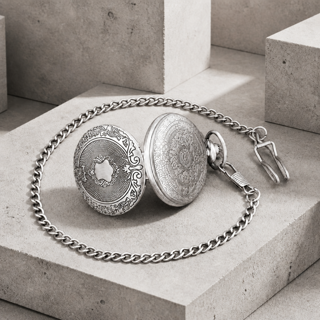 Montre de poche à gousset homme finition argent, dos gravé et chaîne à crochet
