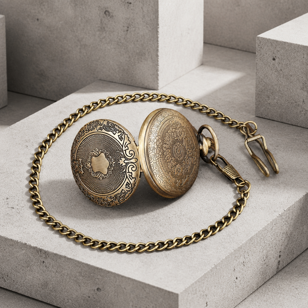 Montre de poche à gousset homme finition bronze, dos gravé et chaîne à crochet