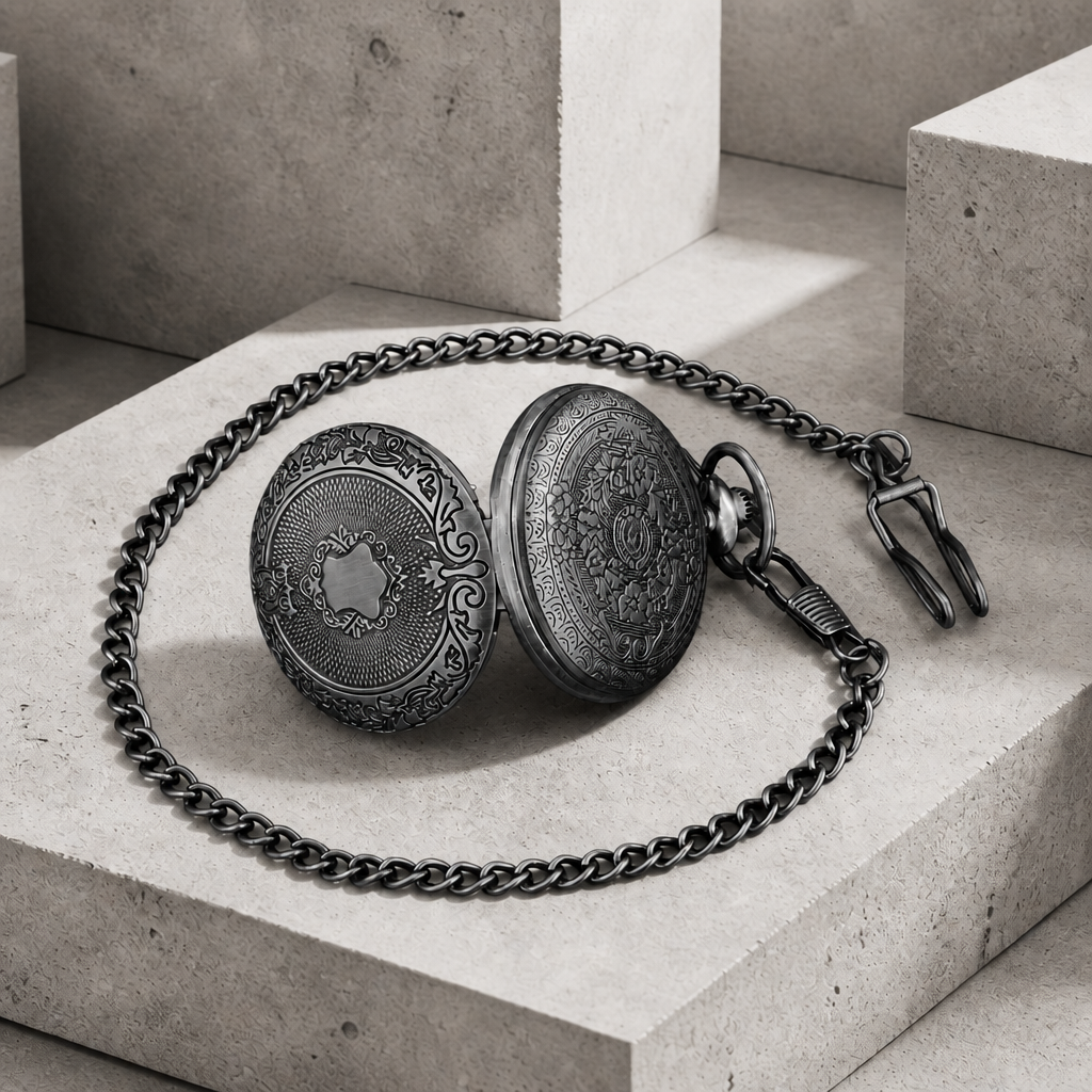 Montre de poche à gousset homme finition noire, dos gravé et chaîne à crochet