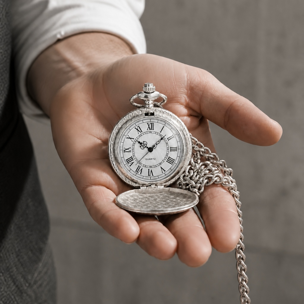 Montre de poche à gousset homme finition argent, ouverte dans la paume d'un homme
