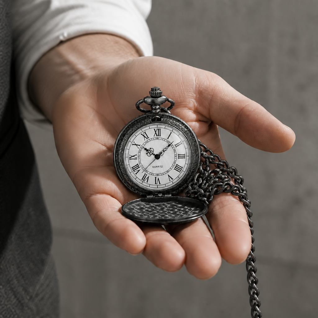 Montre de poche à gousset homme finition noire, ouverte dans la paume d'un homme