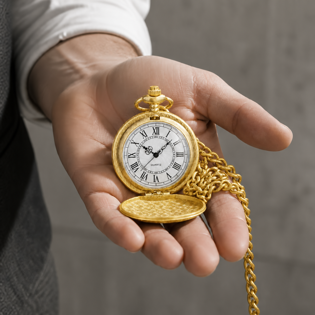 Montre de poche à gousset homme finition or, ouverte dans la paume d'un homme