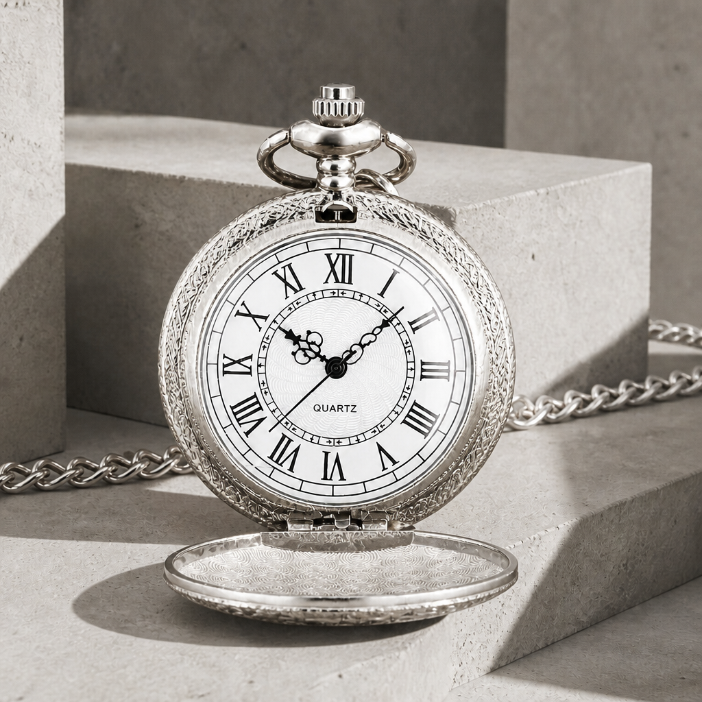 Montre de poche à gousset homme finition argent ouverte, cadran blanc à chiffres romains