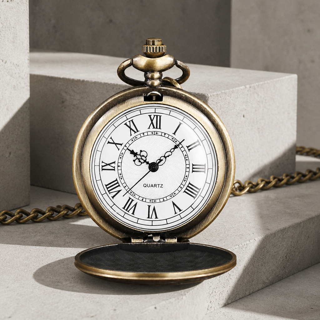 Montre de poche à gousset homme finition bronze ouverte, cadran blanc à chiffres romains