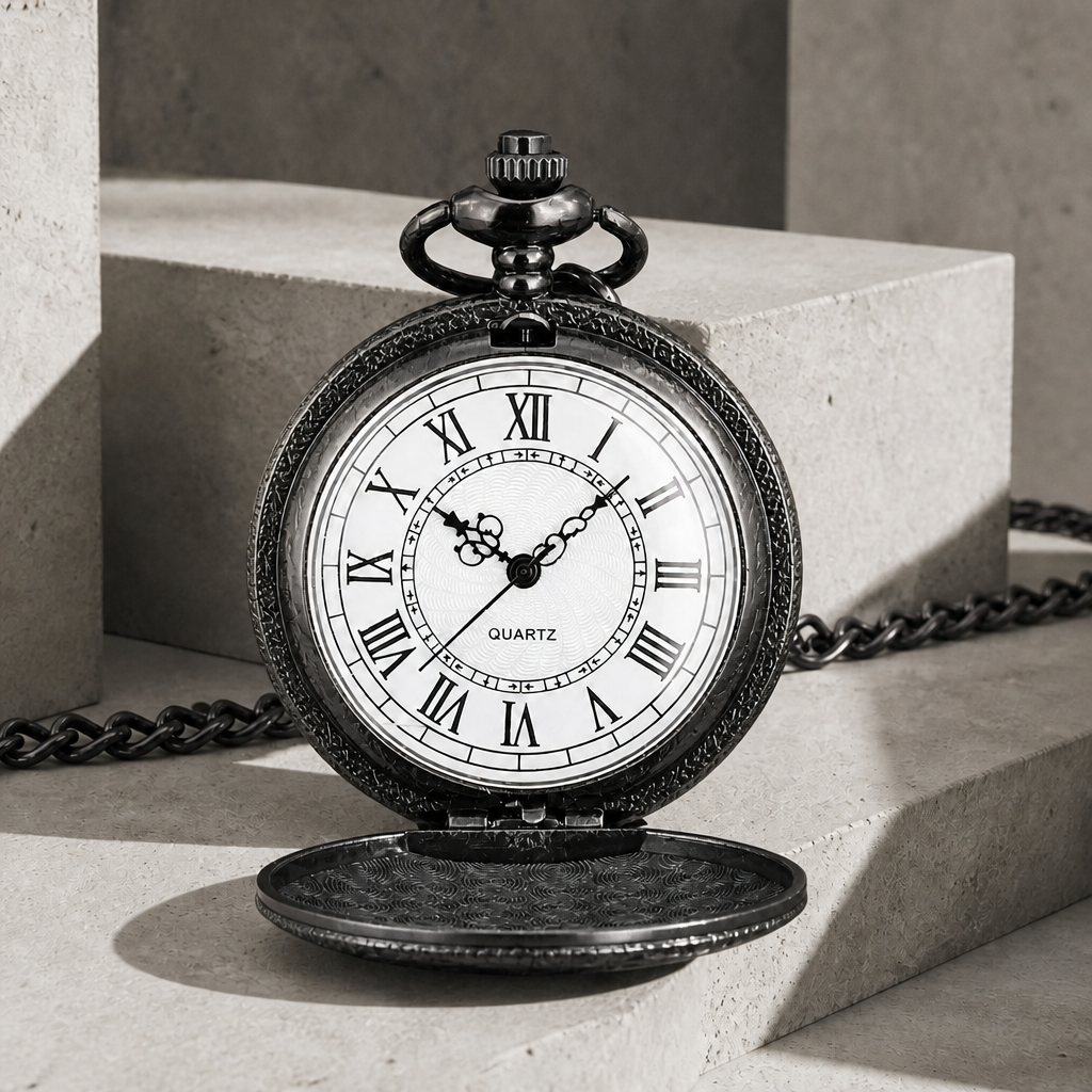 Montre de poche à gousset homme finition noire ouverte, cadran blanc à chiffres romains