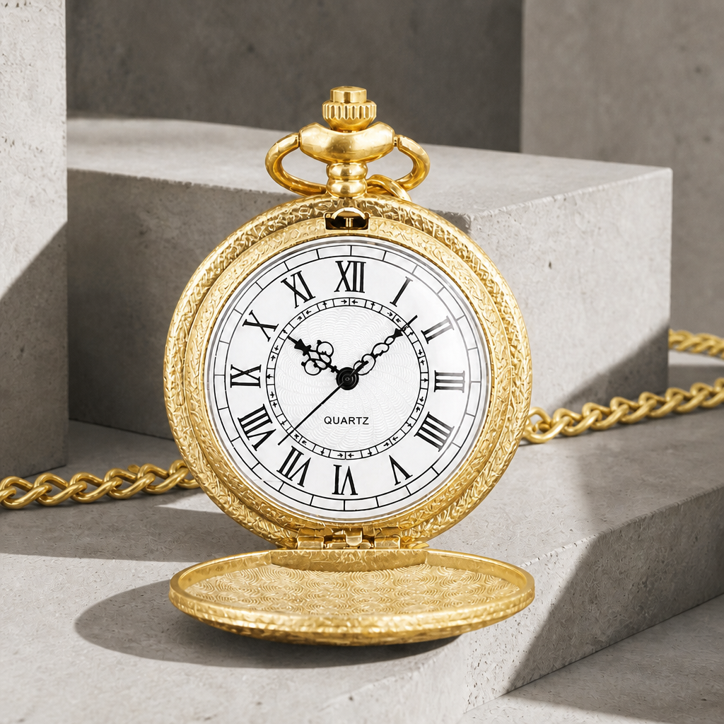Montre de poche à gousset homme finition or ouverte, cadran blanc à chiffres romains