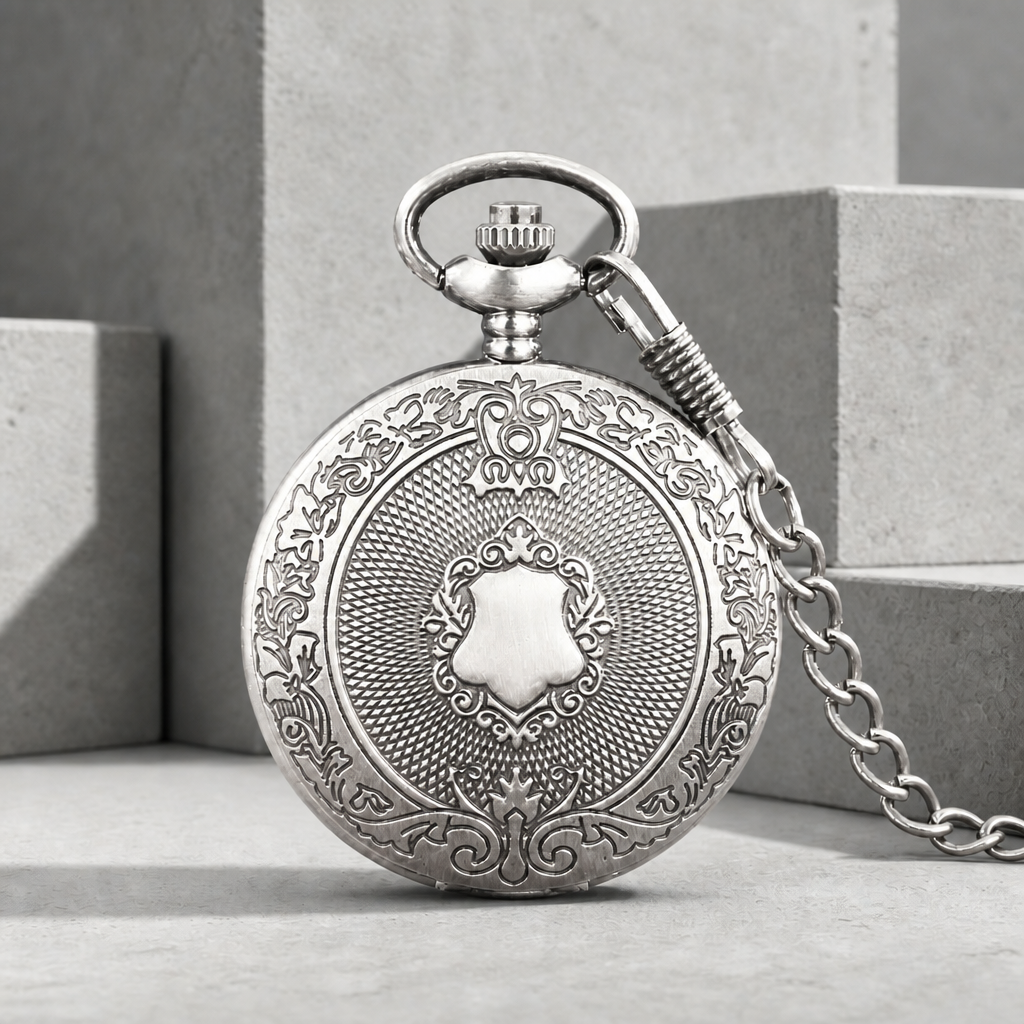Montre de poche à gousset homme finition argent, couvercle gravé fermé