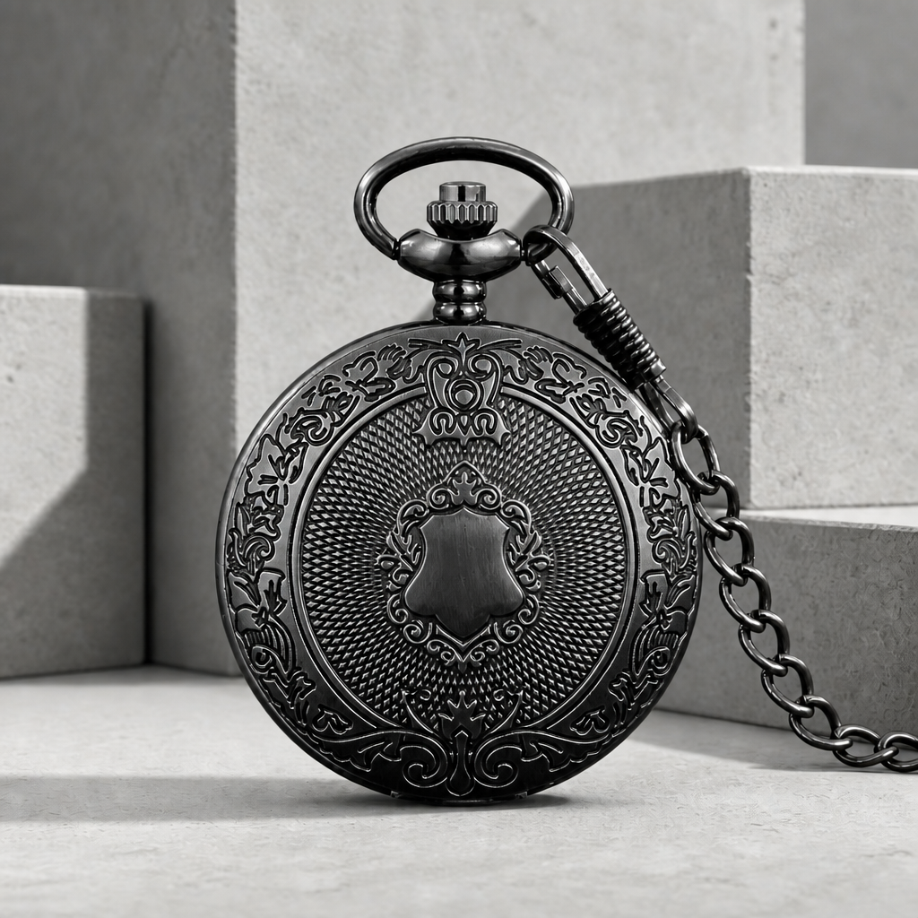 Montre de poche à gousset homme finition noire, couvercle gravé fermé