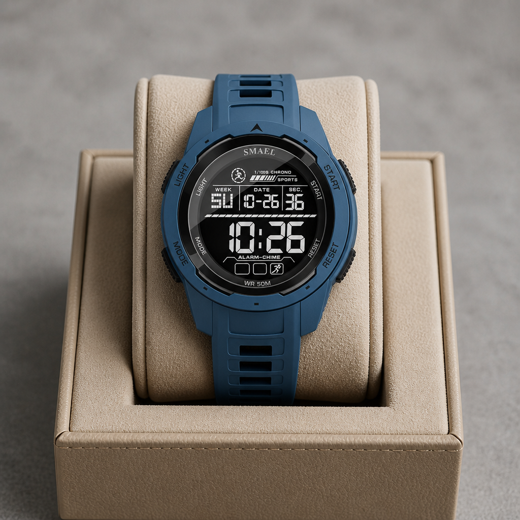 Montre digitale sport homme Victor bleue dans un écrin en cuir beige