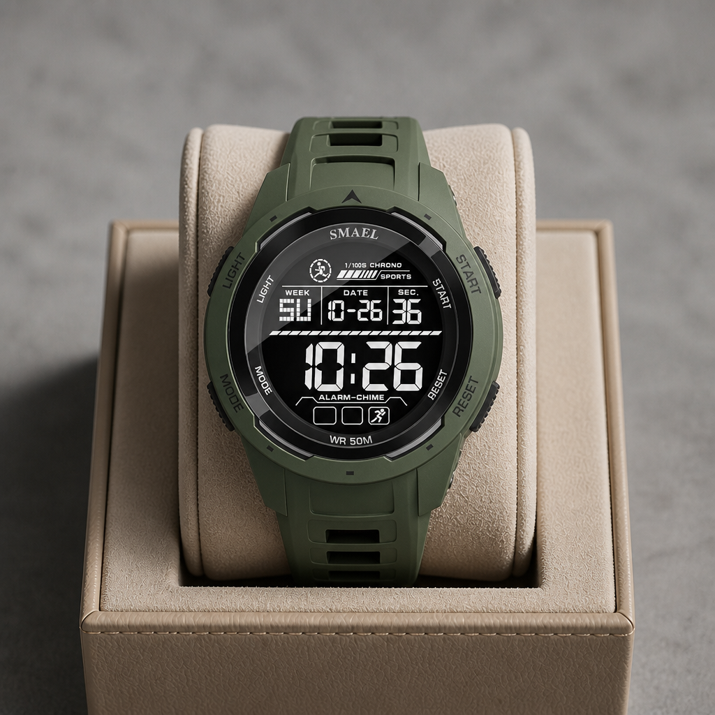 Montre digitale sport homme Victor kaki dans un écrin en cuir beige