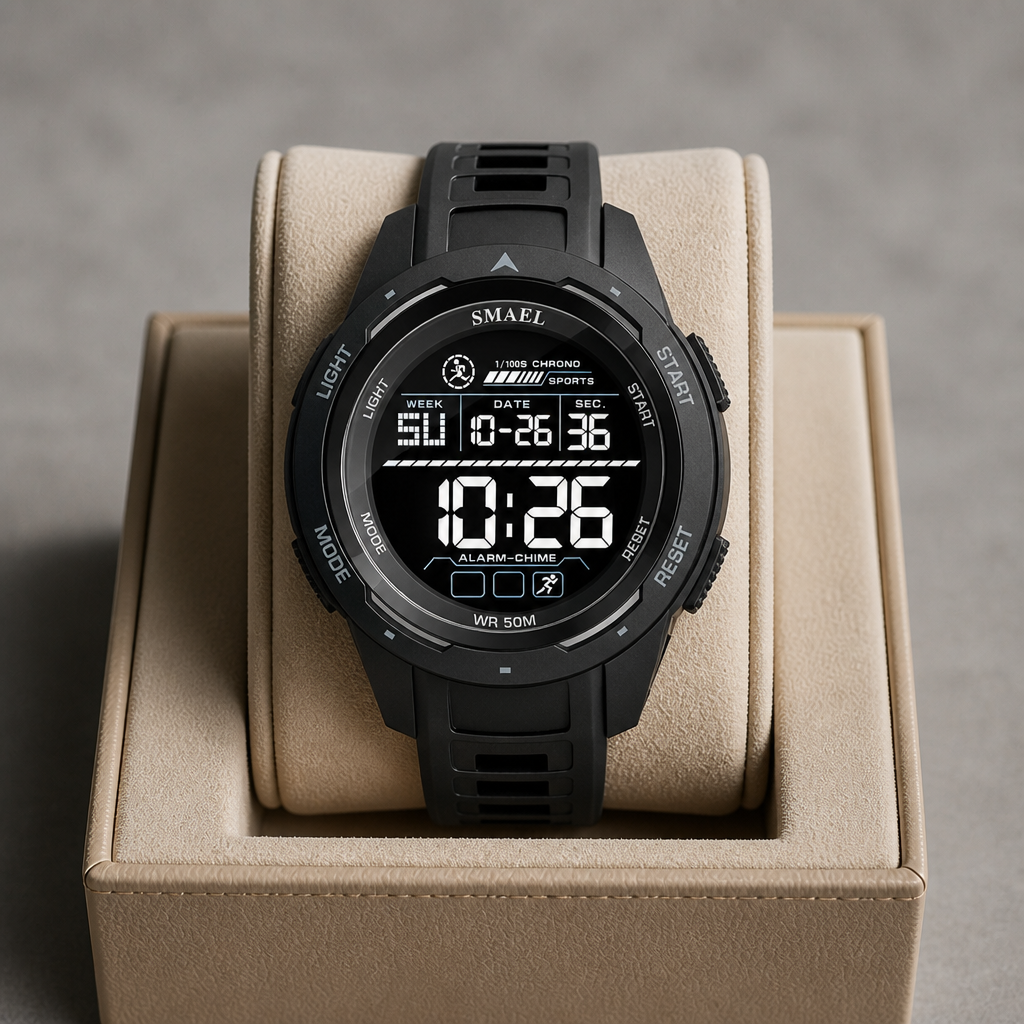 Montre digitale sport homme Victor noire dans un écrin en cuir beige