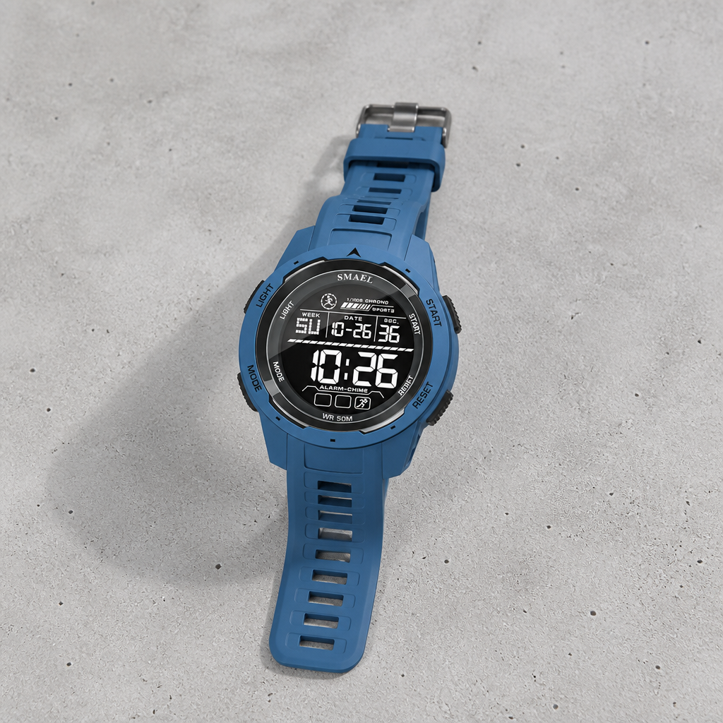 Montre digitale sport homme Victor bleue posée sur du béton