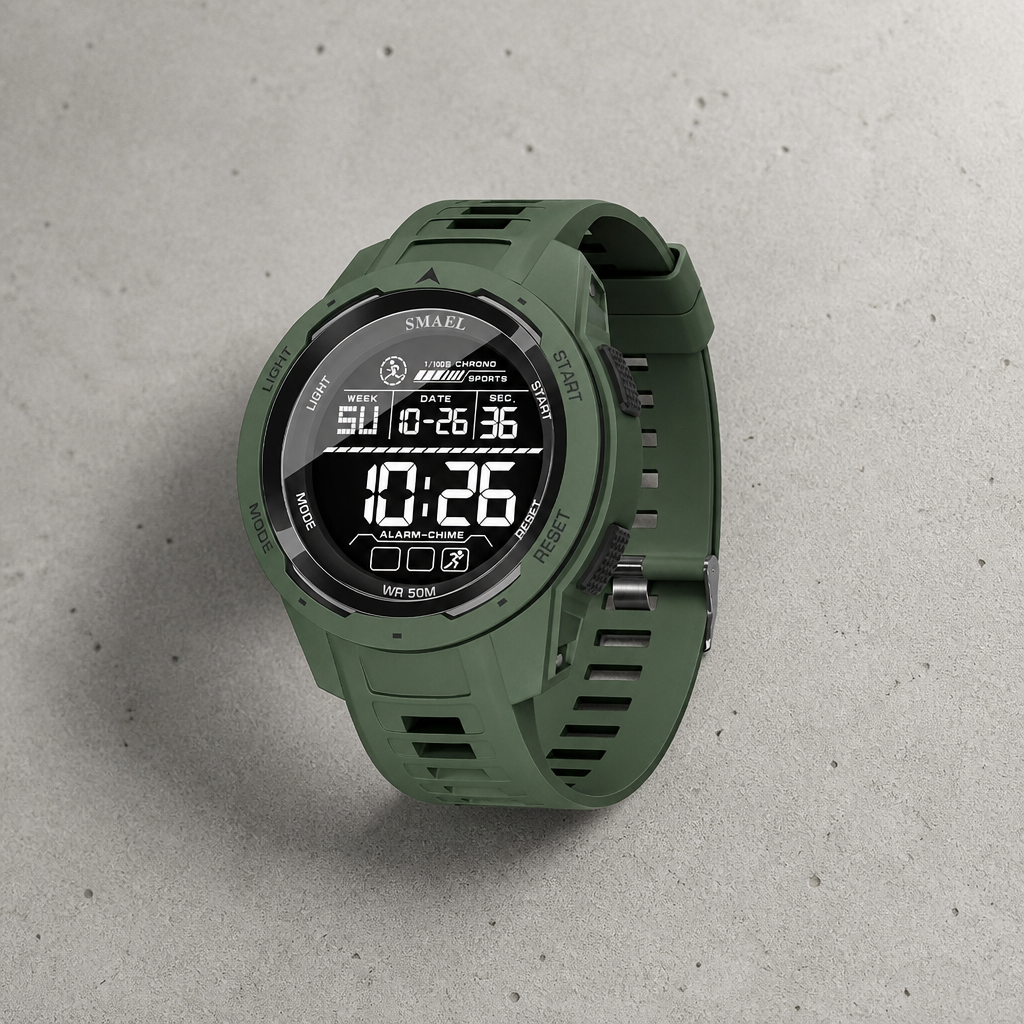 Montre digitale sport homme Victor kaki posée sur du béton
