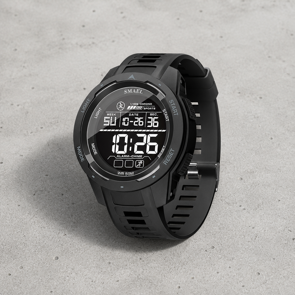 Montre digitale sport homme Victor noire posée sur du béton