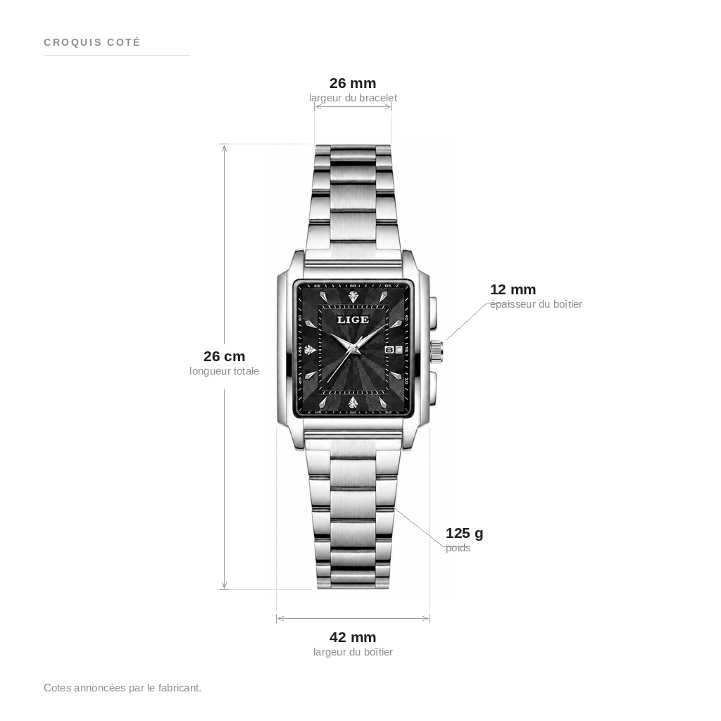 Croquis coté de la montre carrée : 42 mm de large, 12 mm d'épaisseur, bracelet de 26 mm, longueur 26 cm, 125 g