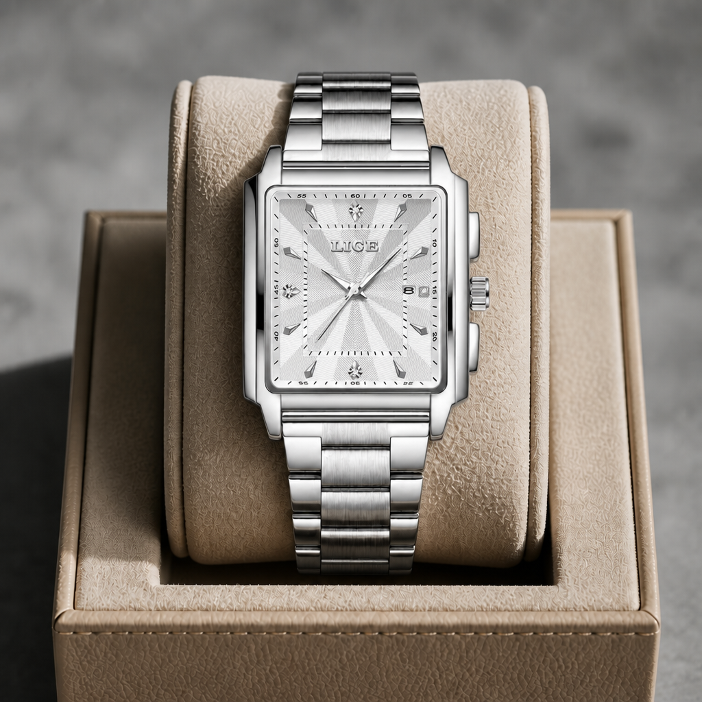 Montre carrée tout acier à cadran argenté présentée dans un écrin en cuir beige
