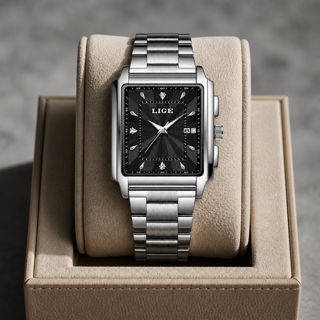 Montre carrée acier à cadran noir présentée dans un écrin en cuir beige